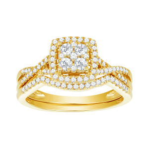 14K Yellow Gold Cushion Shaped Halo With Twist Design Wedding Set