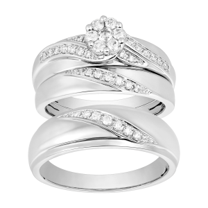 14K White Gold Flower Cluster Diamond Wedding Trio