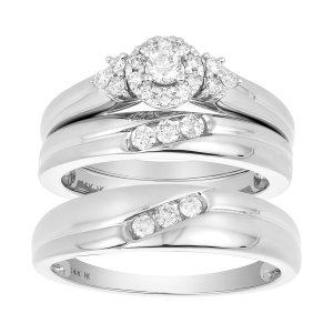 14K White Gold Round Halo 1/2 Ctw Diamond Wedding Trio