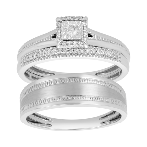14K White Gold Princess Solitaire Diamond Wedding Trio