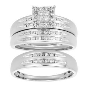 14K White Gold Princess Cut 1/4 Ctw Diamond Wedding Trio